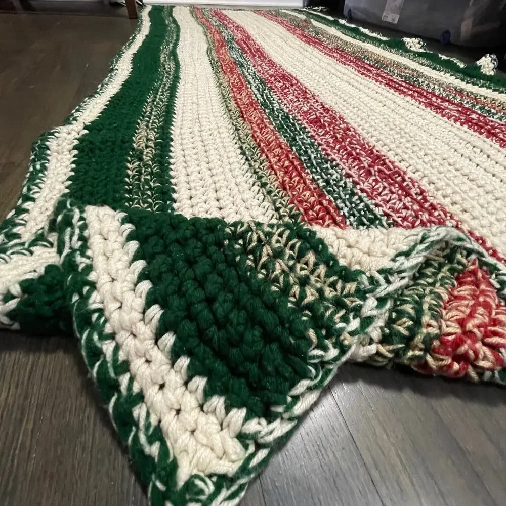 Vintage Crochet Handmade Red Green White Vertical Striped Granny Afghan Throw